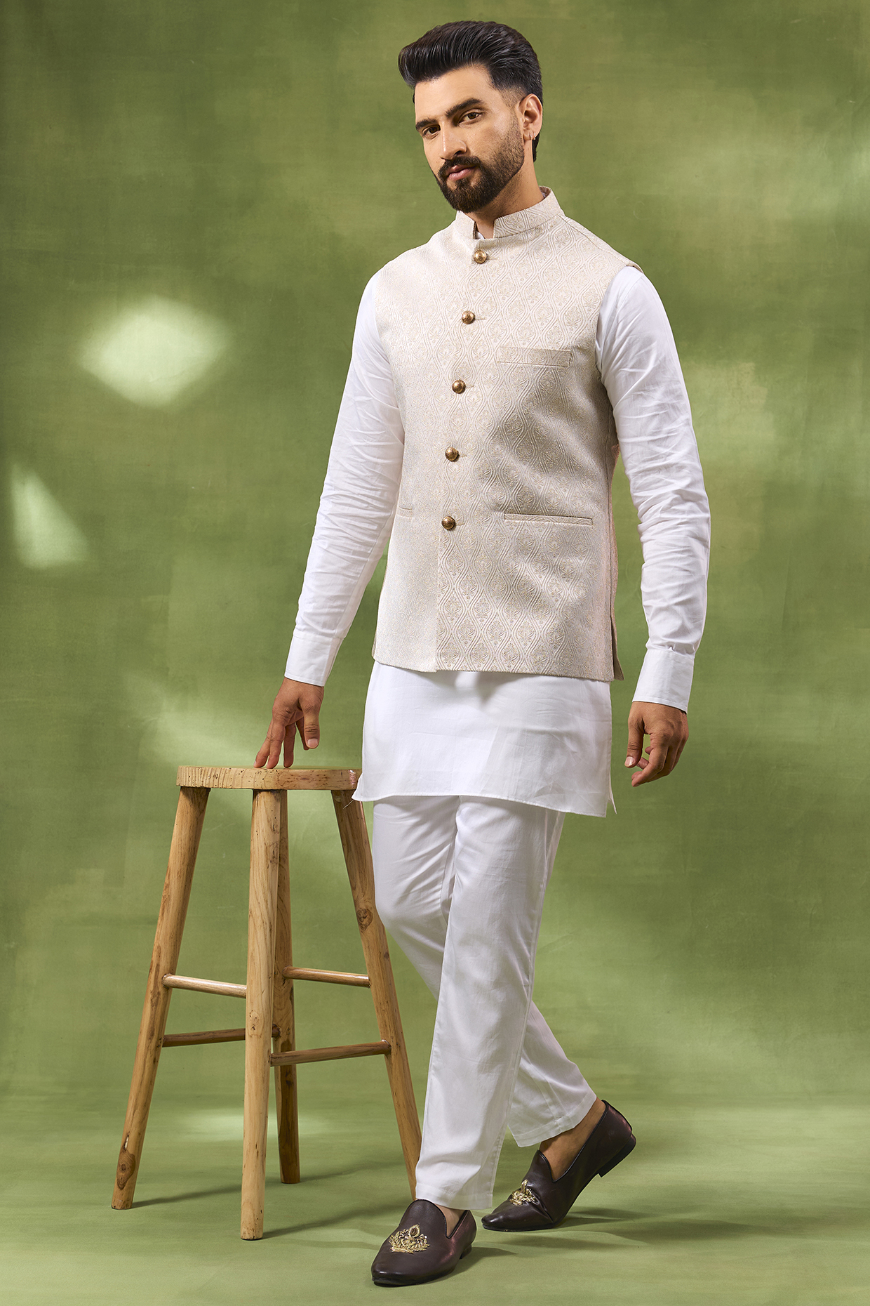 Ivory Cotton Silk Embroidered Bundi Jacket Set by Spring Break Men
