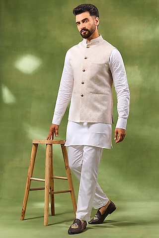 Ivory Cotton Silk Embroidered Bundi Jacket Set by Spring Break Men