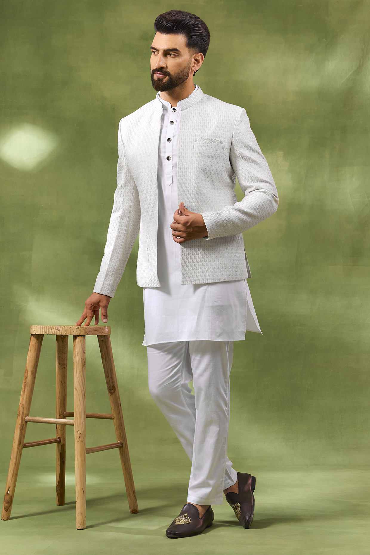 Ivory Blended Silk Embroidered Open Jacket Set by Spring Break Men