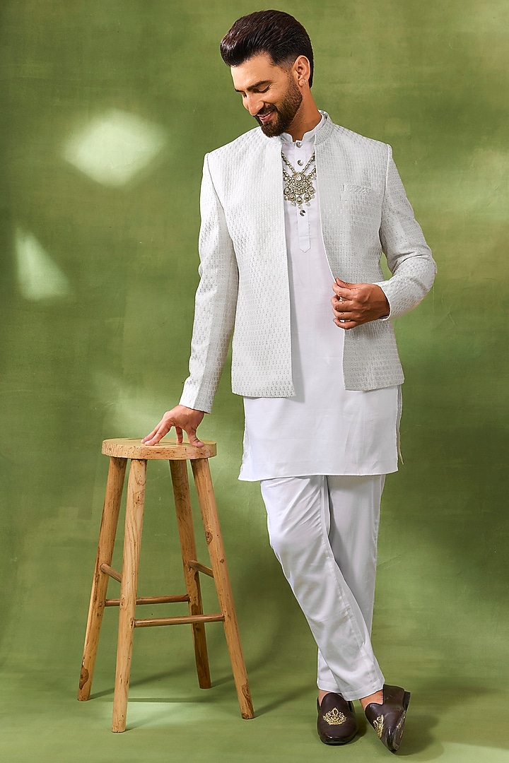 Ivory Blended Silk Embroidered Open Jacket Set by Spring Break Men at Pernia's Pop Up Shop