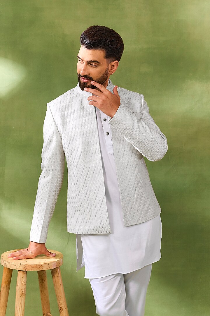 Ivory Blended Silk Embroidered Open Jacket Set by Spring Break Men at Pernia's Pop Up Shop