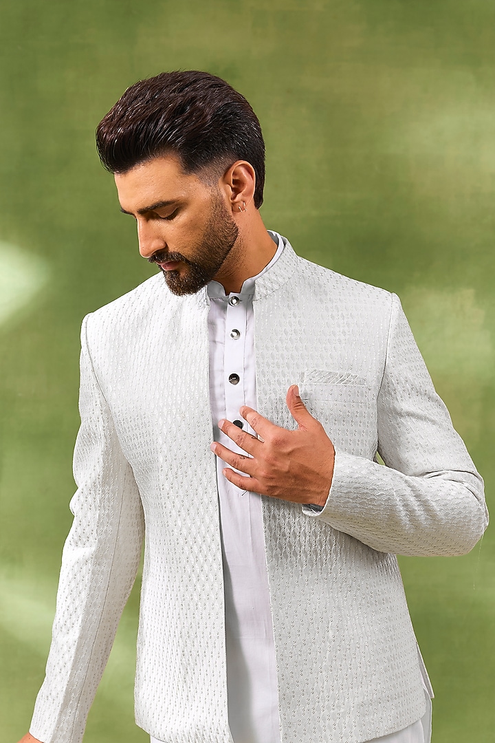 Ivory Blended Silk Embroidered Open Jacket Set by Spring Break Men at Pernia's Pop Up Shop