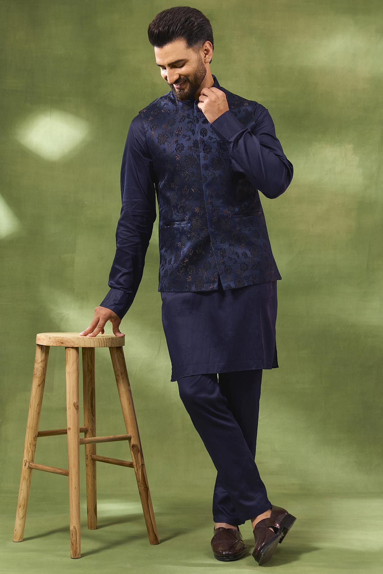 Navy Blue Blended Silk Floral Printed Bundi Jacket Set by Spring Break Men