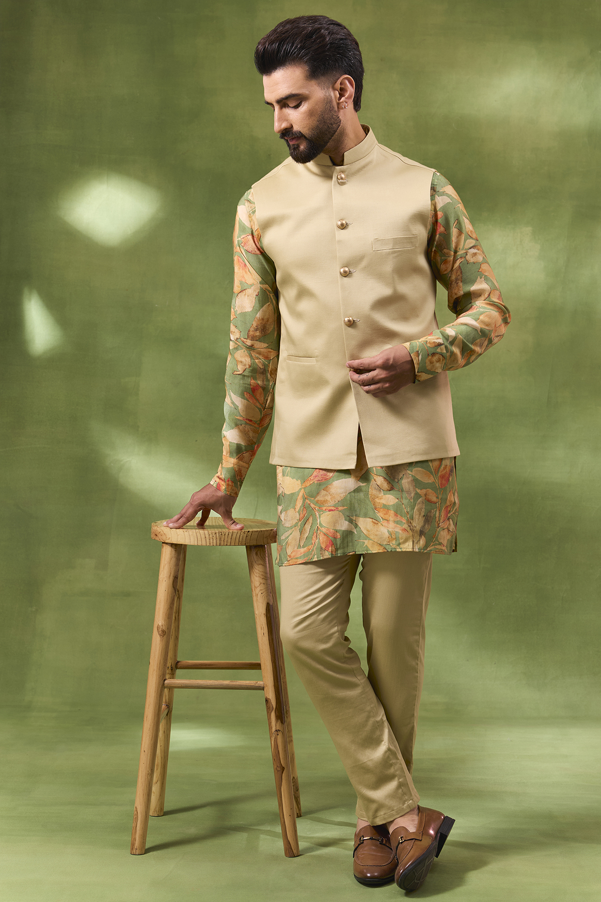 Beige Blended Silk Bundi Jacket Set by Spring Break Men