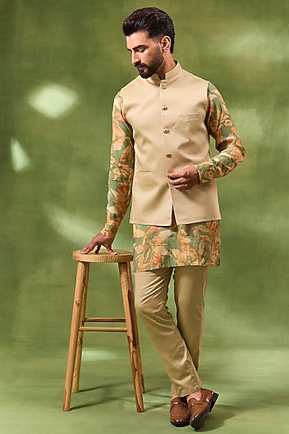 Beige Blended Silk Bundi Jacket Set by Spring Break Men