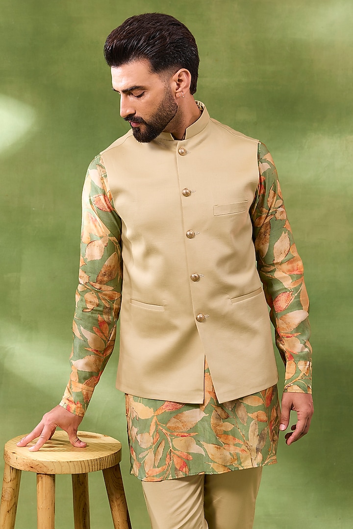 Beige Blended Silk Bundi Jacket Set by Spring Break Men at Pernia's Pop Up Shop