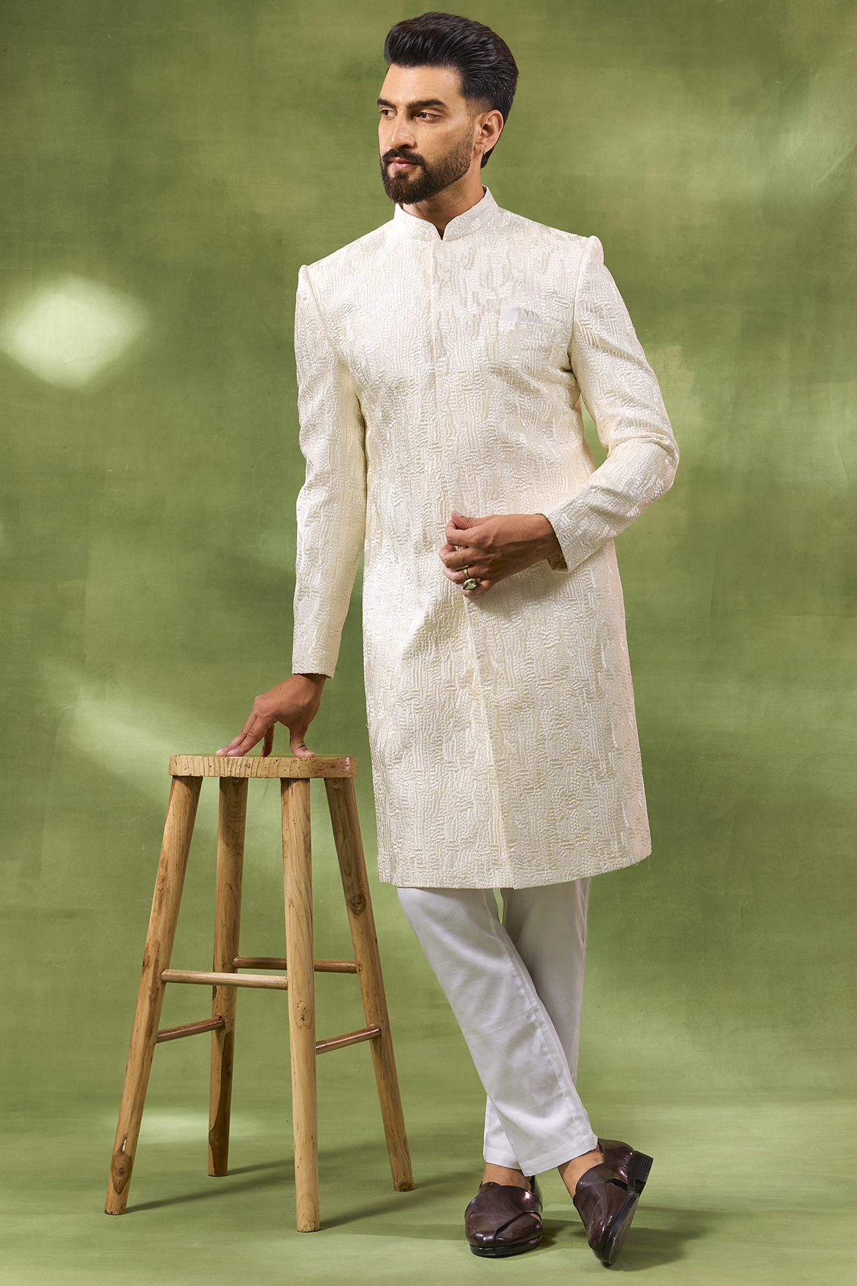 Ivory Blended Silk Geometric Embroidered Sherwani Set by Spring Break Men