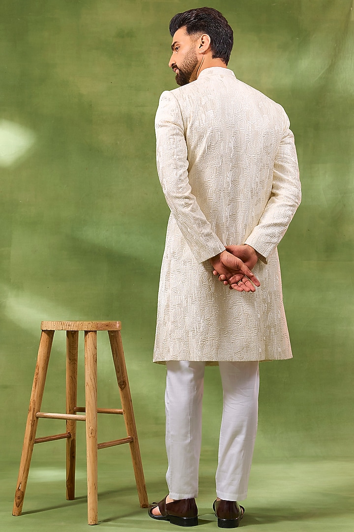 Ivory Blended Silk Geometric Embroidered Wedding Sherwani Set by Spring Break Men at Pernia's Pop Up Shop