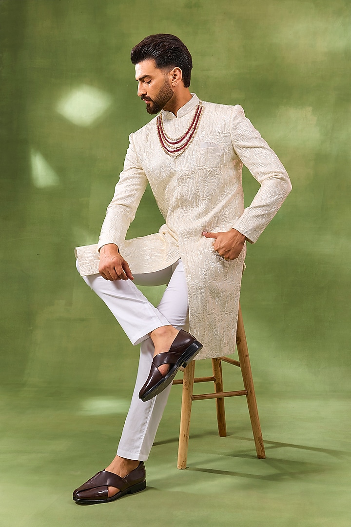 Ivory Blended Silk Geometric Embroidered Wedding Sherwani Set by Spring Break Men at Pernia's Pop Up Shop