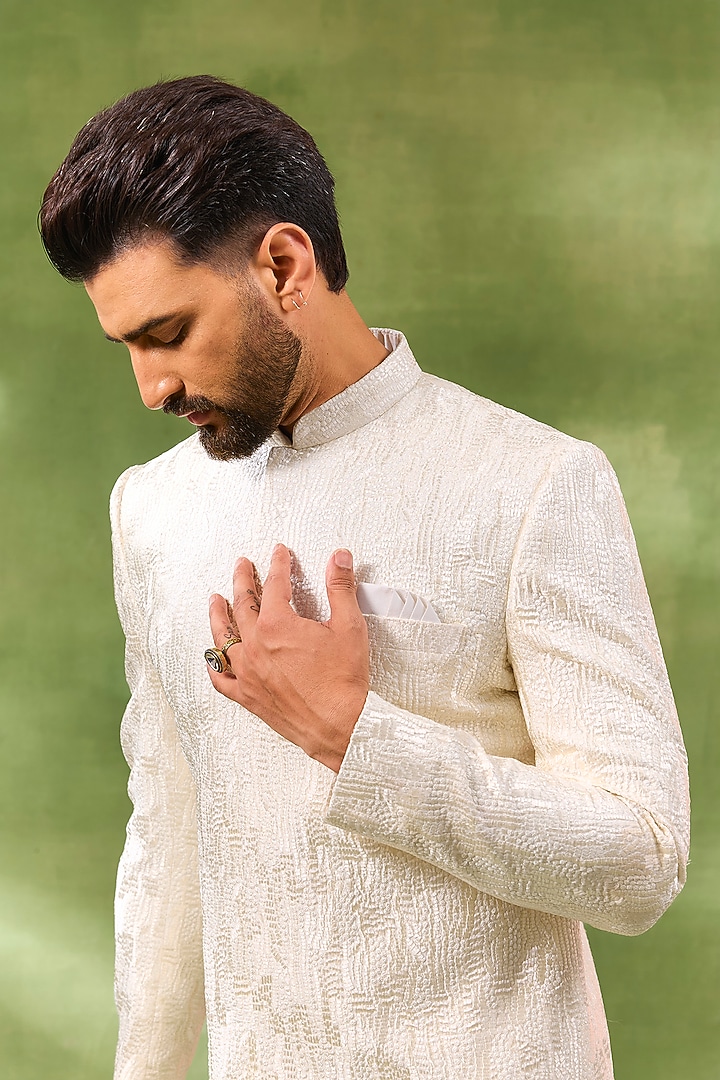 Ivory Blended Silk Geometric Embroidered Wedding Sherwani Set by Spring Break Men at Pernia's Pop Up Shop