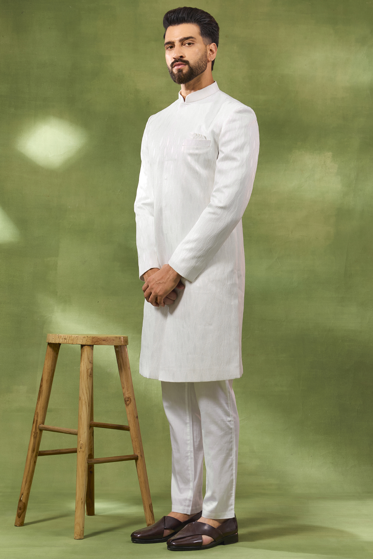White Cotton Silk Embroidered Sherwani Set by Spring Break Men