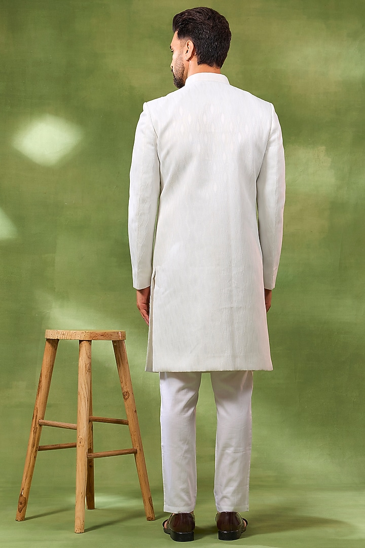 White Cotton Silk Embroidered Wedding Sherwani Set by Spring Break Men at Pernia's Pop Up Shop