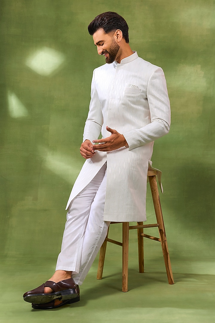 White Cotton Silk Embroidered Wedding Sherwani Set by Spring Break Men at Pernia's Pop Up Shop