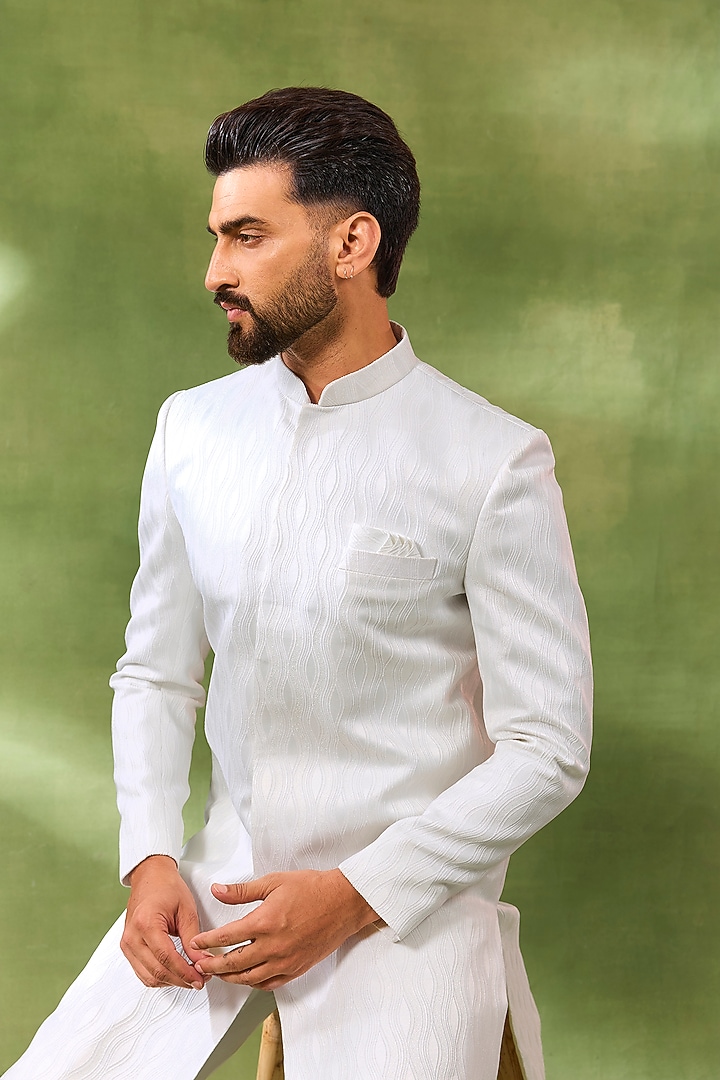 White Cotton Silk Embroidered Wedding Sherwani Set by Spring Break Men at Pernia's Pop Up Shop