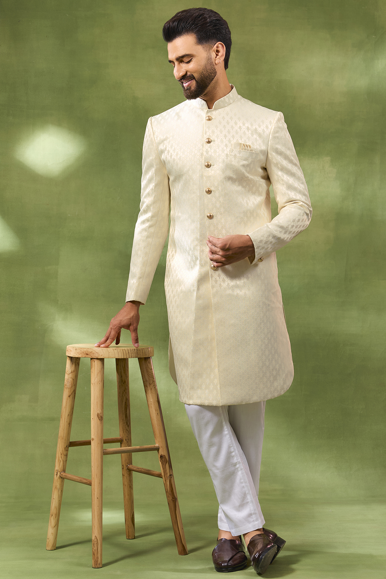 Cream Cotton Silk Embroidered Sherwani Set by Spring Break Men