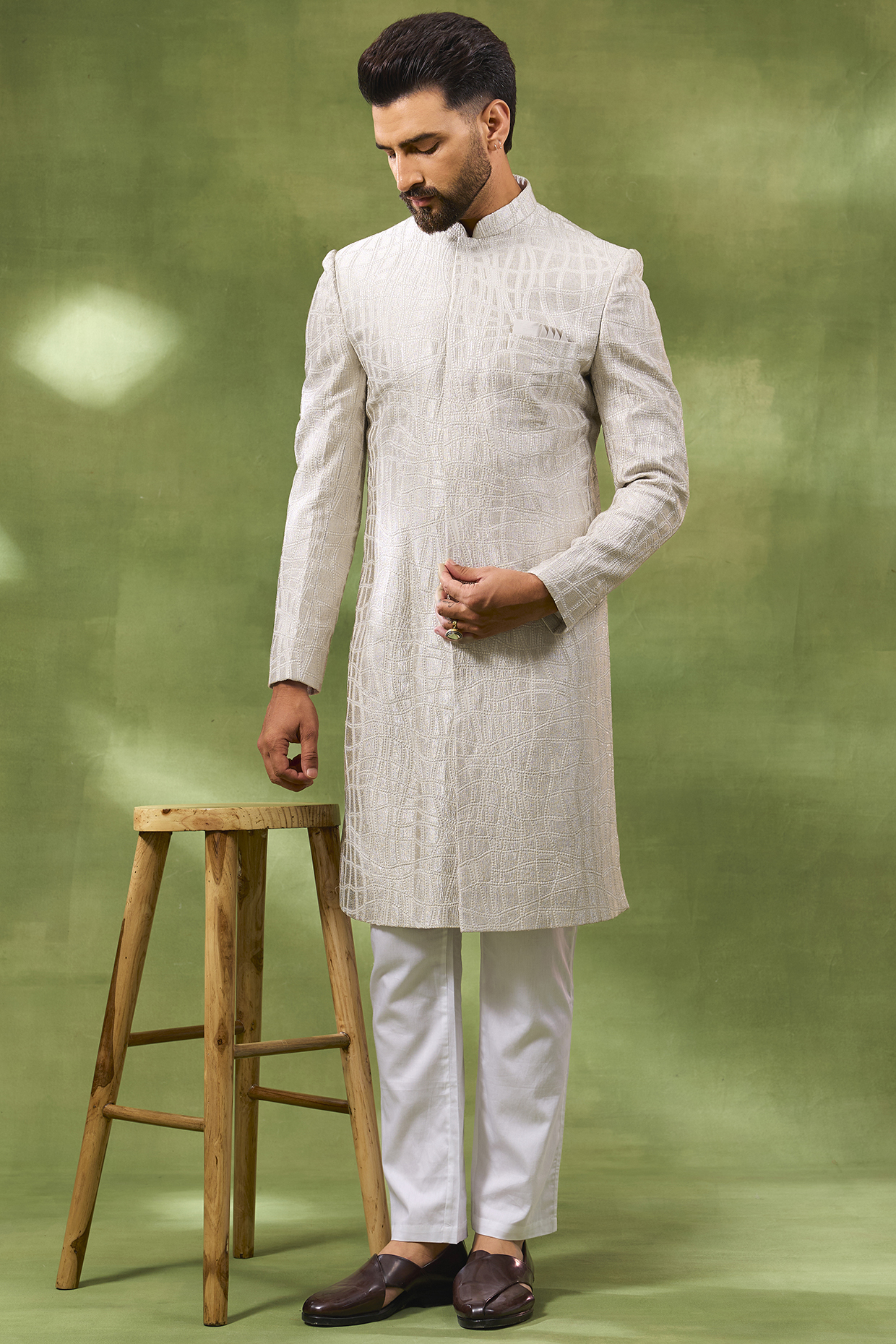 Ivory Blended Silk Machine Embroidered Sherwani Set by Spring Break Men