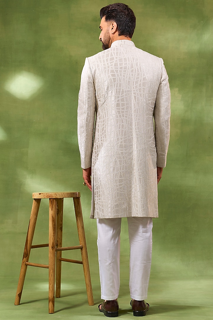 Ivory Blended Silk Machine Embroidered Wedding Sherwani Set by Spring Break Men at Pernia's Pop Up Shop
