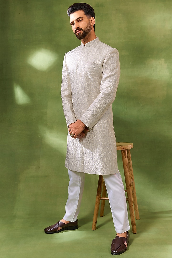 Ivory Blended Silk Machine Embroidered Wedding Sherwani Set by Spring Break Men at Pernia's Pop Up Shop