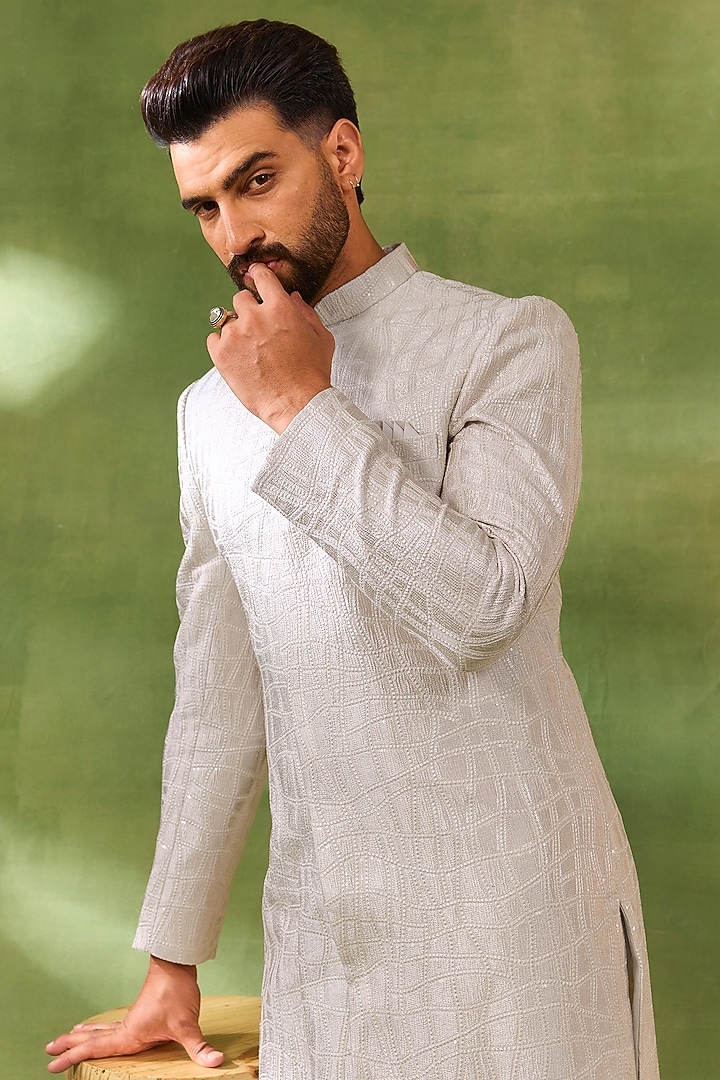 Ivory Blended Silk Machine Embroidered Wedding Sherwani Set by Spring Break Men at Pernia's Pop Up Shop
