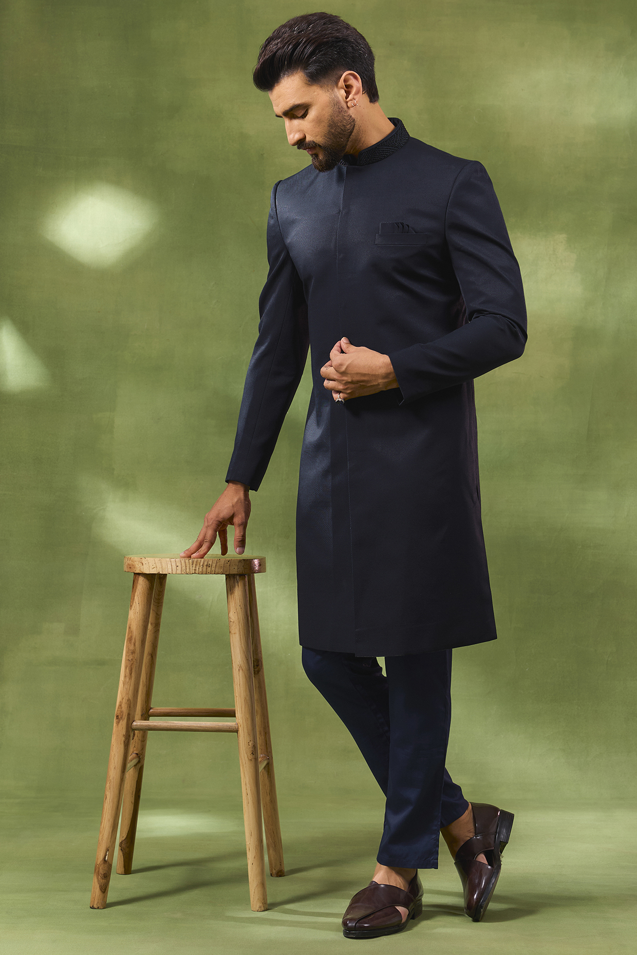Blue Cotton Silk Embroidered Sherwani Set by Spring Break Men