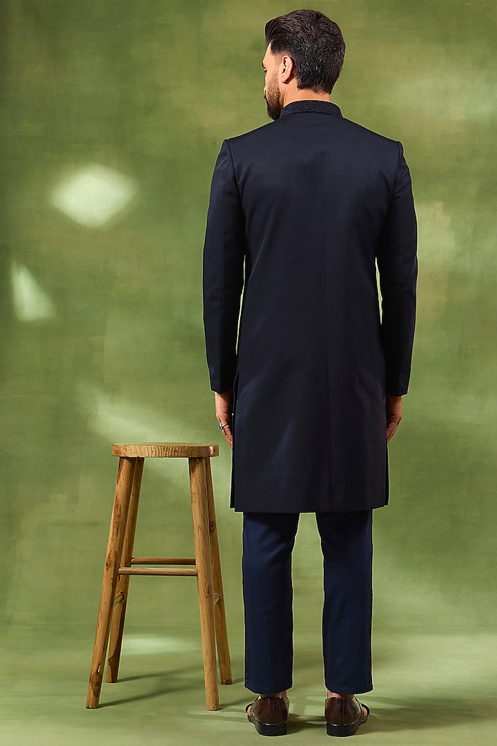 Blue Cotton Silk Embroidered Wedding Sherwani Set by Spring Break Men at Pernia's Pop Up Shop