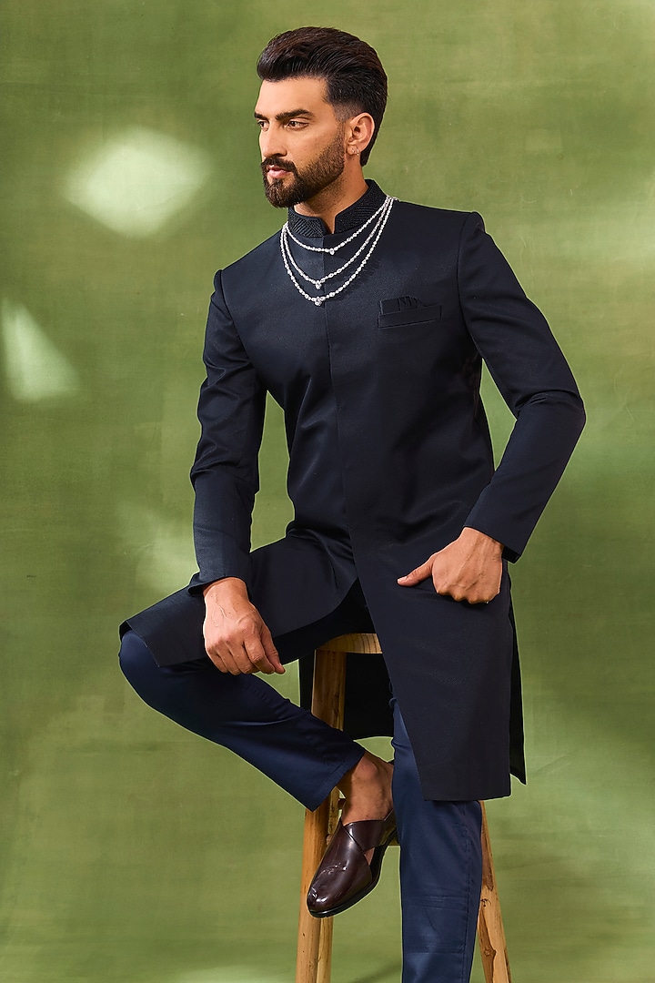 Blue Cotton Silk Embroidered Wedding Sherwani Set by Spring Break Men at Pernia's Pop Up Shop