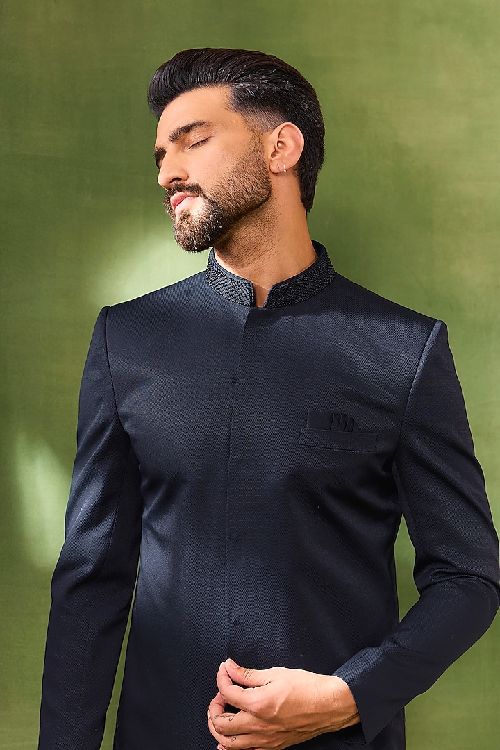 Blue Cotton Silk Embroidered Wedding Sherwani Set by Spring Break Men at Pernia's Pop Up Shop