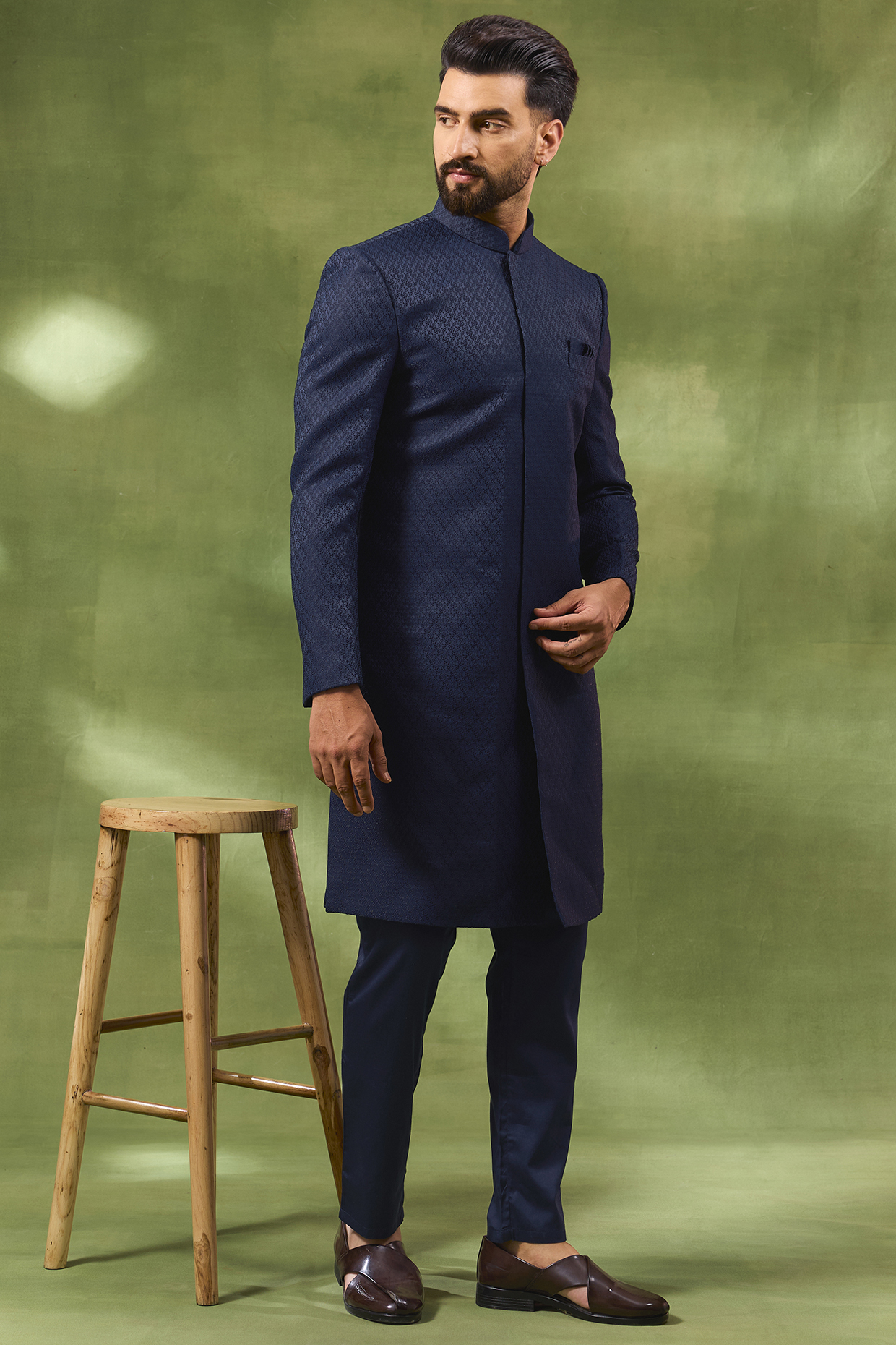 Navy Blue Cotton Silk Embroidered Sherwani Set by Spring Break Men