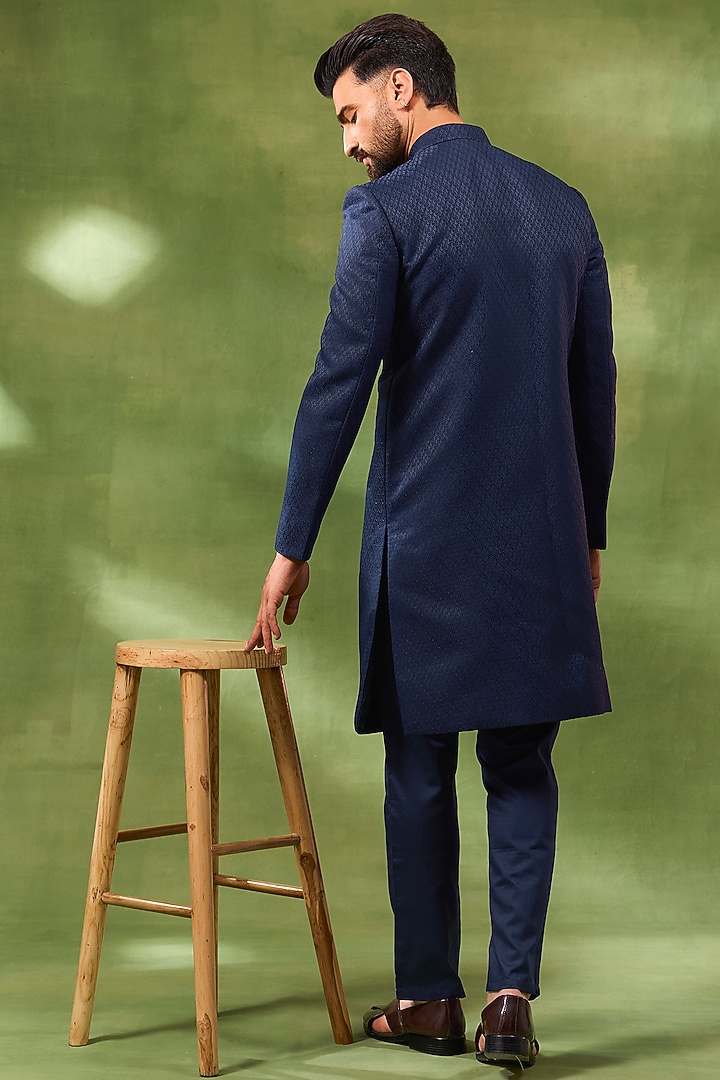 Navy Blue Cotton Silk Embroidered Wedding Sherwani Set by Spring Break Men at Pernia's Pop Up Shop