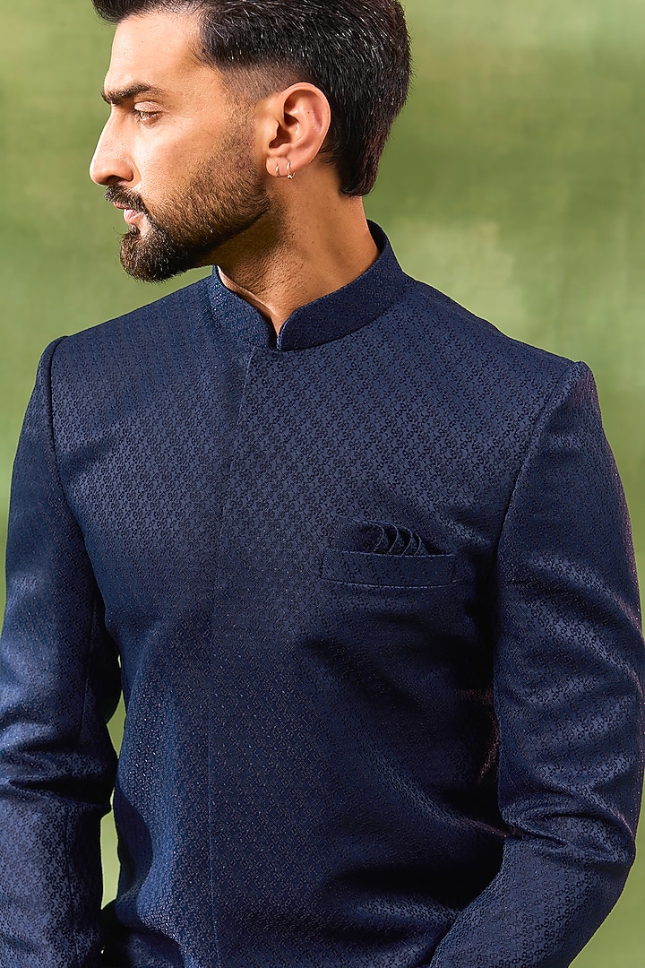 Navy Blue Cotton Silk Embroidered Wedding Sherwani Set by Spring Break Men at Pernia's Pop Up Shop