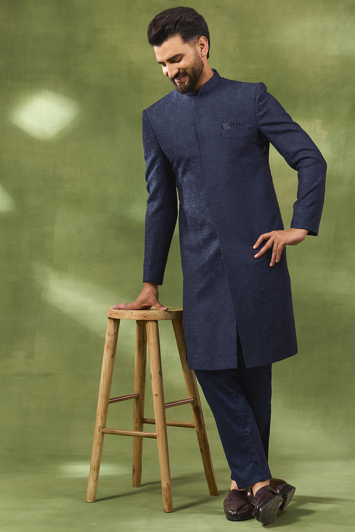 Navy Blue Blended Silk Embroidered Sherwani Set by Spring Break Men