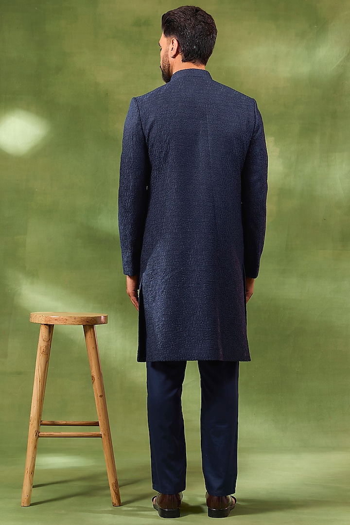 Navy Blue Blended Silk Embroidered Wedding Sherwani Set by Spring Break Men at Pernia's Pop Up Shop