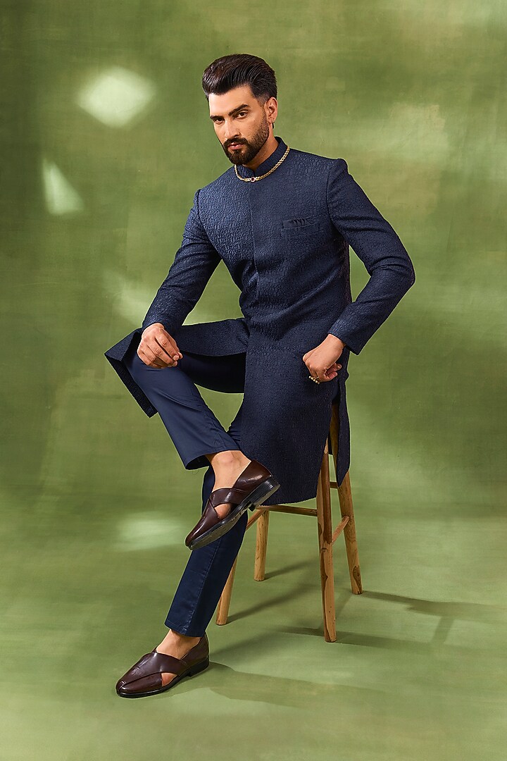 Navy Blue Blended Silk Embroidered Wedding Sherwani Set by Spring Break Men at Pernia's Pop Up Shop