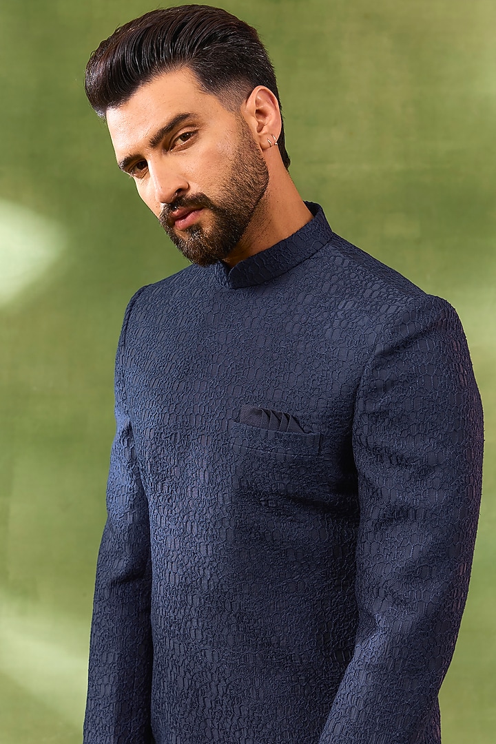 Navy Blue Blended Silk Embroidered Wedding Sherwani Set by Spring Break Men at Pernia's Pop Up Shop