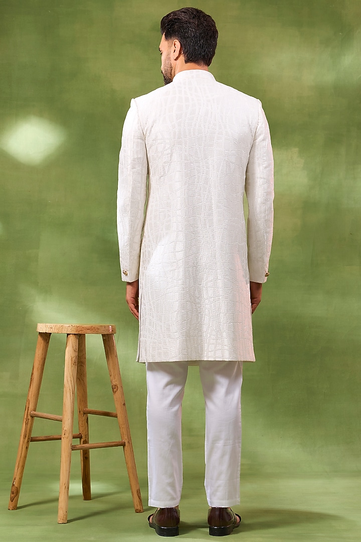 White Blended Silk Embroidered Wedding Sherwani Set by Spring Break Men at Pernia's Pop Up Shop