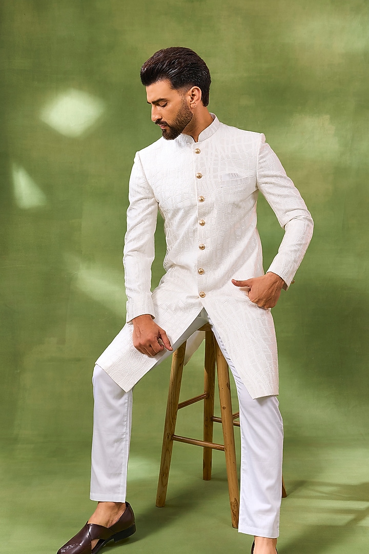 White Blended Silk Embroidered Wedding Sherwani Set by Spring Break Men at Pernia's Pop Up Shop