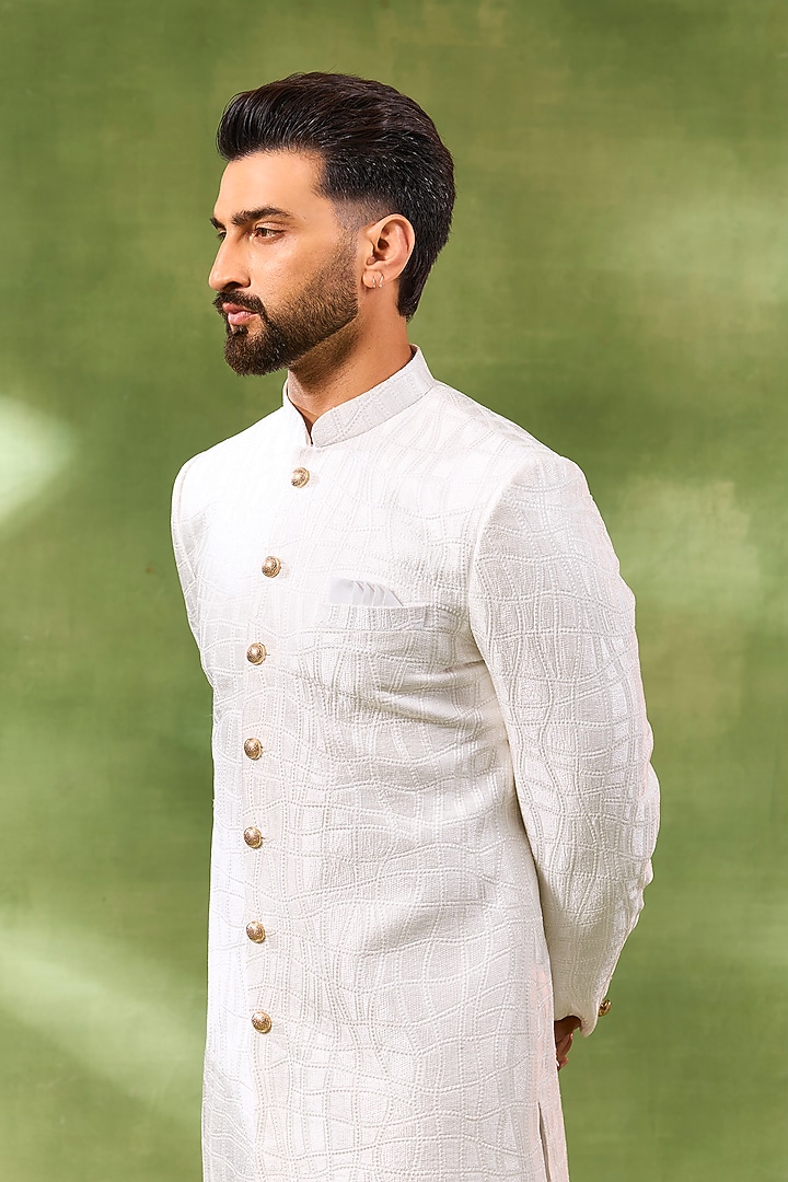 White Blended Silk Embroidered Wedding Sherwani Set by Spring Break Men at Pernia's Pop Up Shop