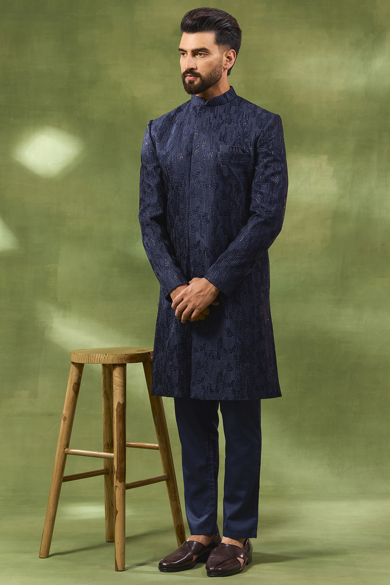 Navy Blue Blended Silk Sequins Embroidered Sherwani Set by Spring Break Men