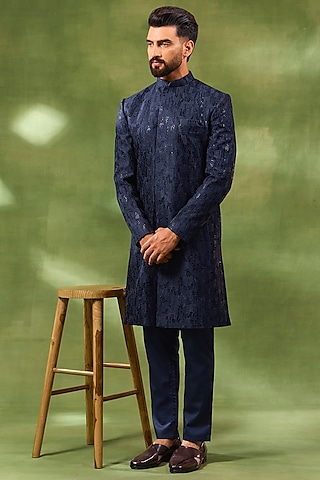 Navy Blue Blended Silk Sequins Embroidered Sherwani Set by Spring Break Men