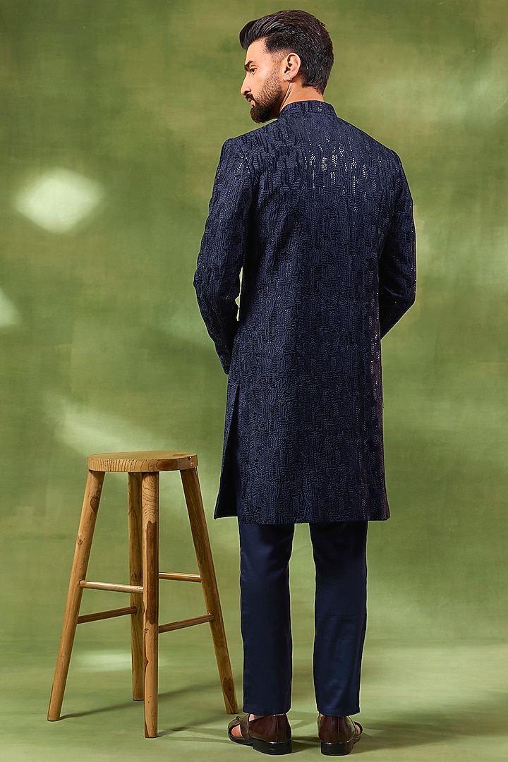 Navy Blue Blended Silk Sequins Embroidered Wedding Sherwani Set by Spring Break Men at Pernia's Pop Up Shop
