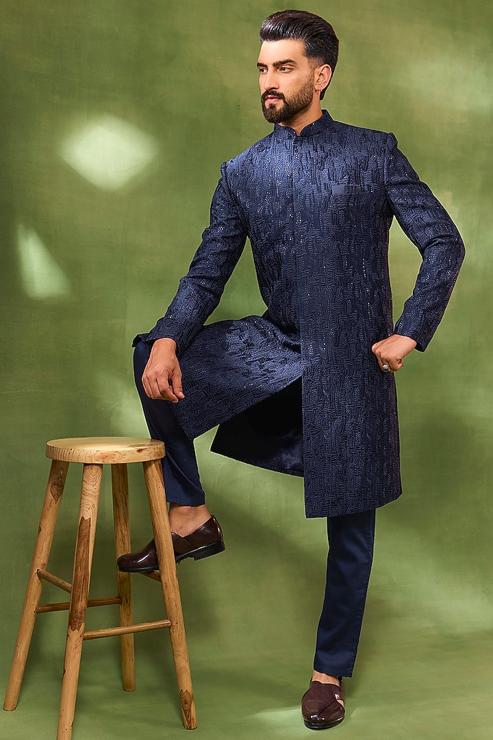 Navy Blue Blended Silk Sequins Embroidered Wedding Sherwani Set by Spring Break Men at Pernia's Pop Up Shop
