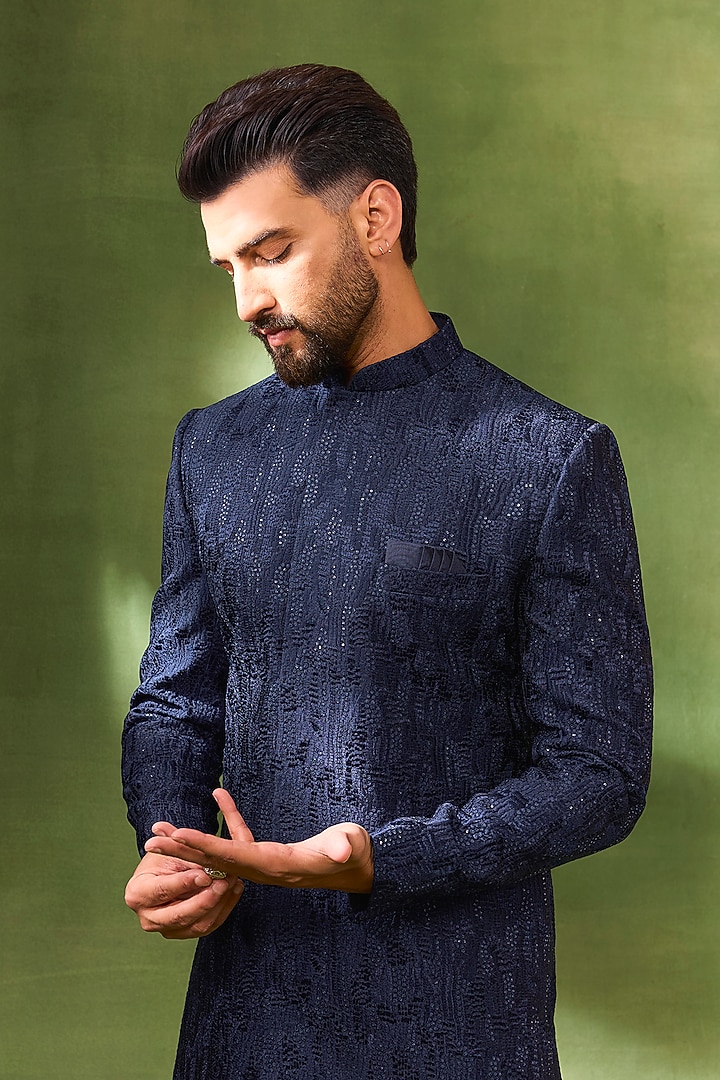 Navy Blue Blended Silk Sequins Embroidered Wedding Sherwani Set by Spring Break Men at Pernia's Pop Up Shop