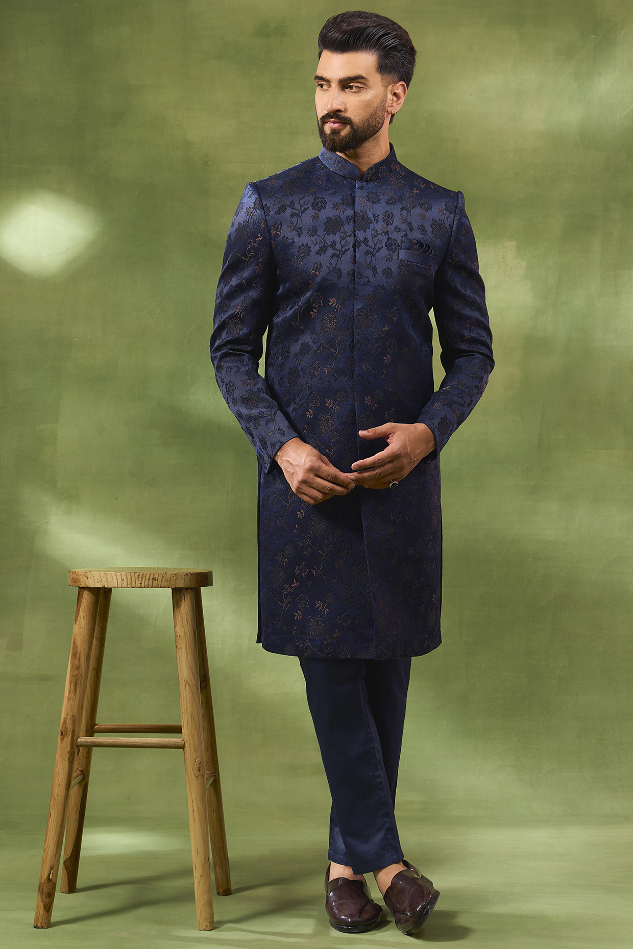 Navy Blue Cotton Silk Floral Jacquard Sherwani Set by Spring Break Men