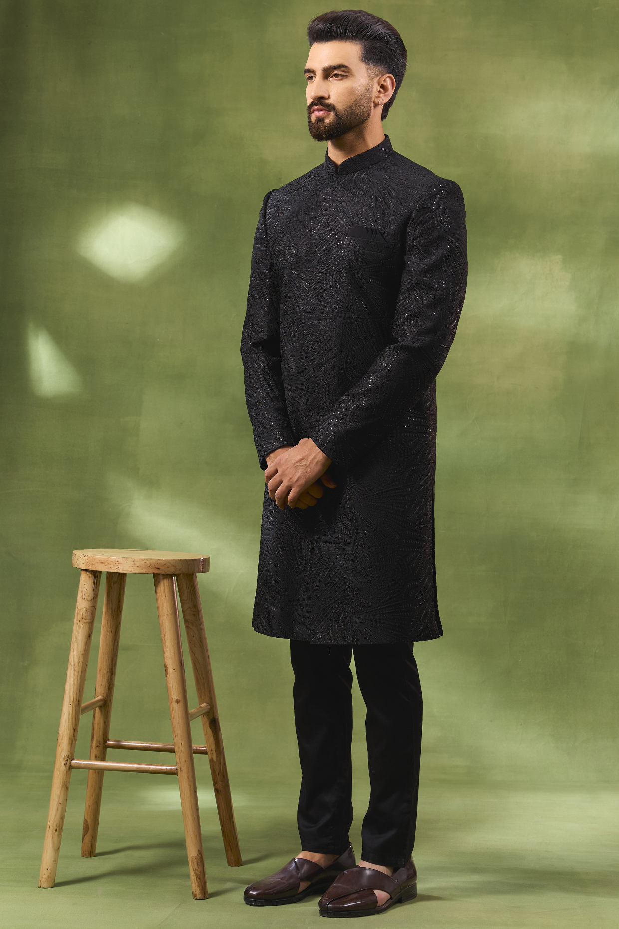 Black Blended Silk Embroidered Sherwani Set by Spring Break Men