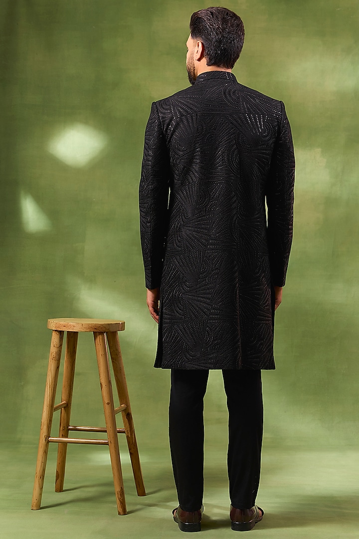 Black Blended Silk Embroidered Wedding Sherwani Set by Spring Break Men at Pernia's Pop Up Shop
