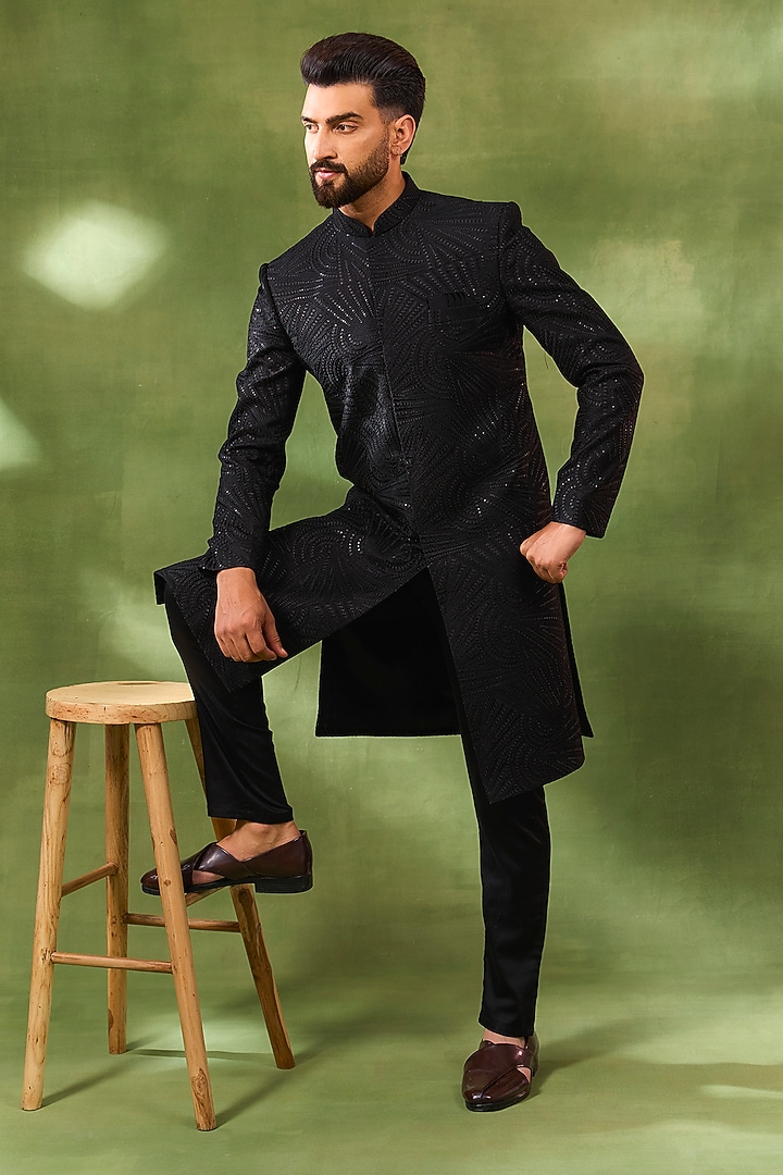 Black Blended Silk Embroidered Wedding Sherwani Set by Spring Break Men at Pernia's Pop Up Shop