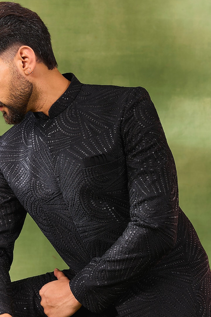 Black Blended Silk Embroidered Wedding Sherwani Set by Spring Break Men at Pernia's Pop Up Shop