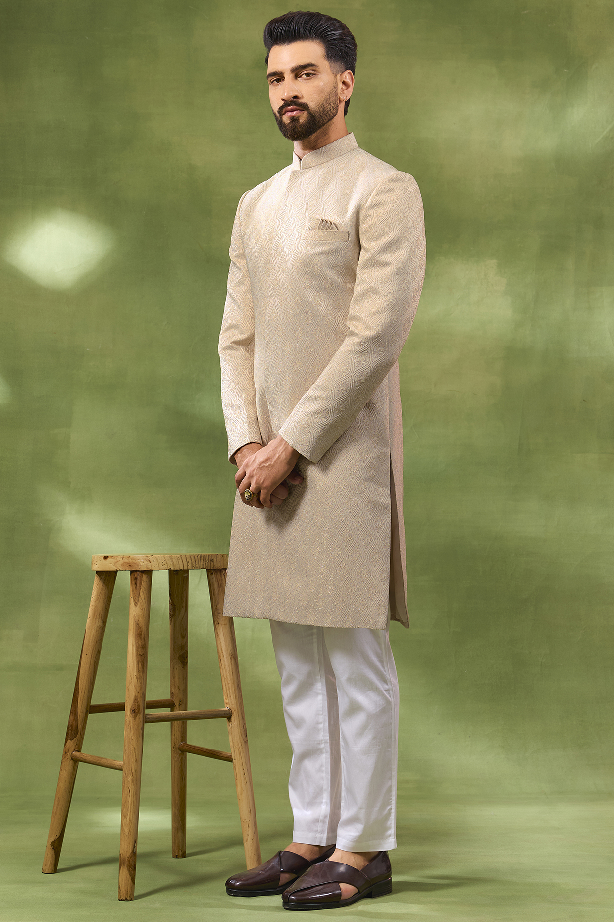 Ivory Cotton Silk Embroidered Jacquard Sherwani Set by Spring Break Men