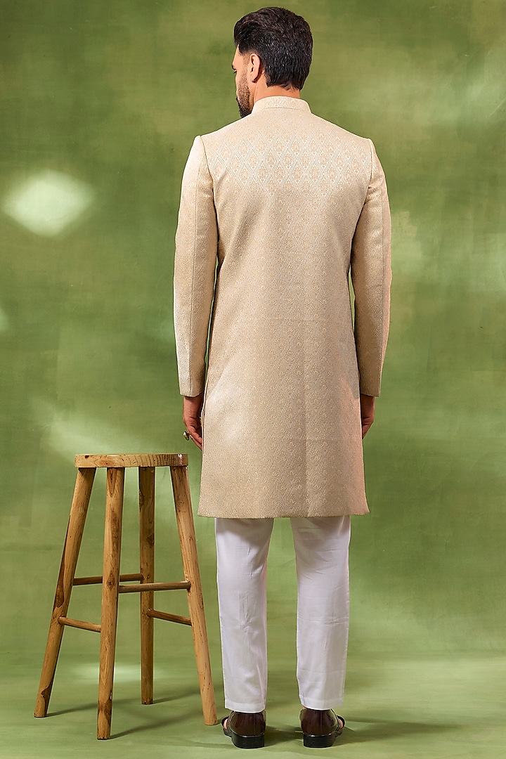 Cream Cotton Silk Embroidered Jacquard Wedding Sherwani Set by Spring Break Men at Pernia's Pop Up Shop