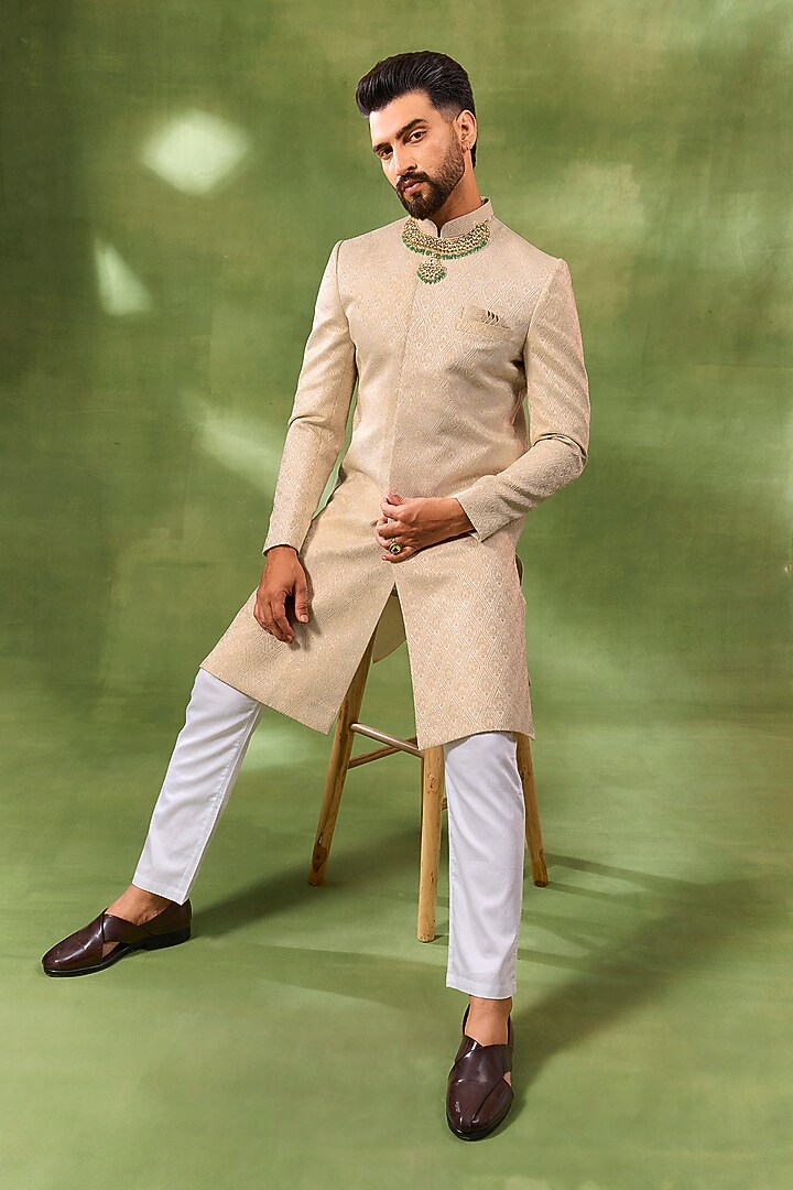 Cream Cotton Silk Embroidered Jacquard Wedding Sherwani Set by Spring Break Men at Pernia's Pop Up Shop